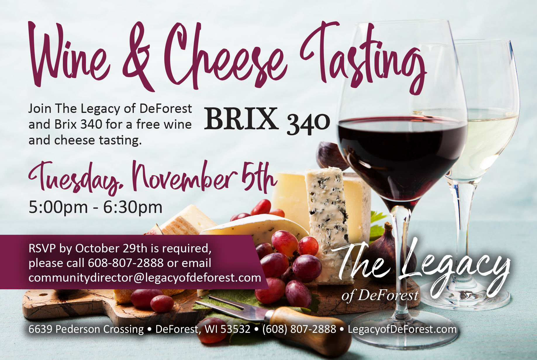 Legacy DeForest Wine and Cheese Tasting Legacy DeForest Wine and Cheese Tasting